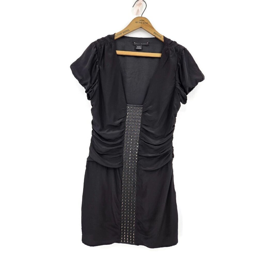 Sheri Bodell Black Silk Mini Dress Womens M/L? Studs Gathered